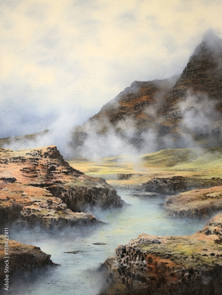 Misty Morning Springs: Serene Icelandic Geothermal Art