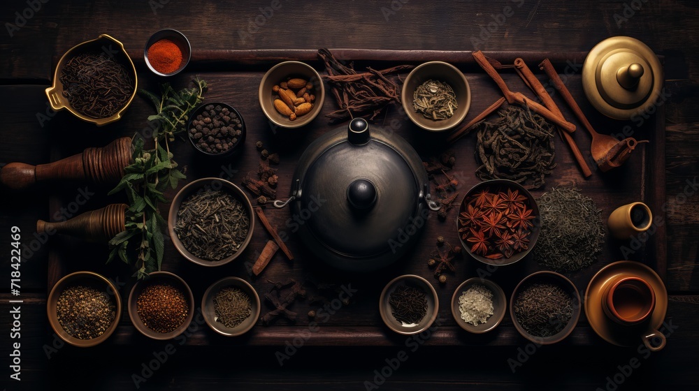 A flat lay assortment of traditional tea-making equipment AI generated