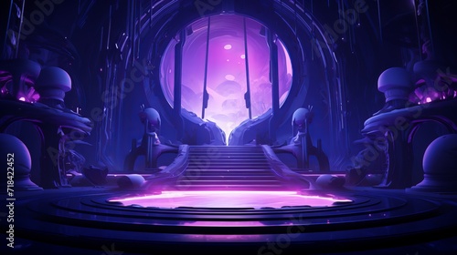 A fantasy-like image of an untouched scene soaked in purples interrupted only by the streaming light of blue line neon lamps and a tech-inspired pink digital podium AI generated