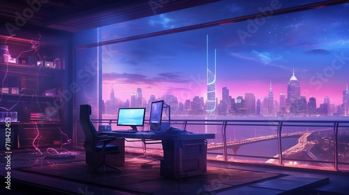 A fantasy-like image of an untouched scene soaked in purples interrupted only by the streaming light of blue line neon lamps and a tech-inspired pink digital podium AI generated