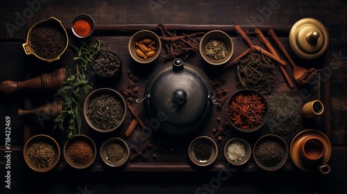 A flat lay assortment of traditional tea-making equipment AI generated
