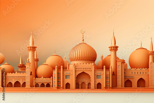 Ramadan Greetings Card. Mosque-Inspired Design with Islamic Symbols, 3D style