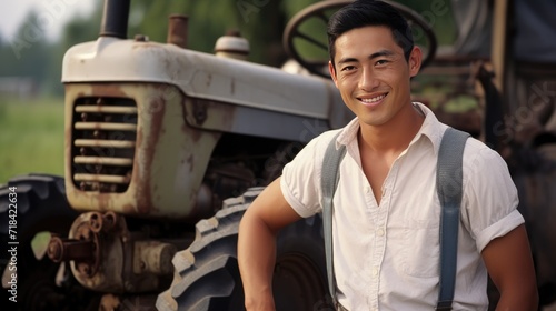 Asian young male farmer standing next to the tractor (1)
