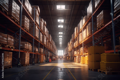 Empty Warehouse full of blank cardboard boxes stacked. 3d render illustration.