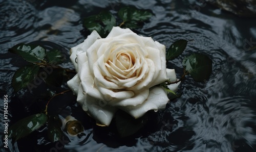 White rose with water drops on dark background. Water splash with water drops.