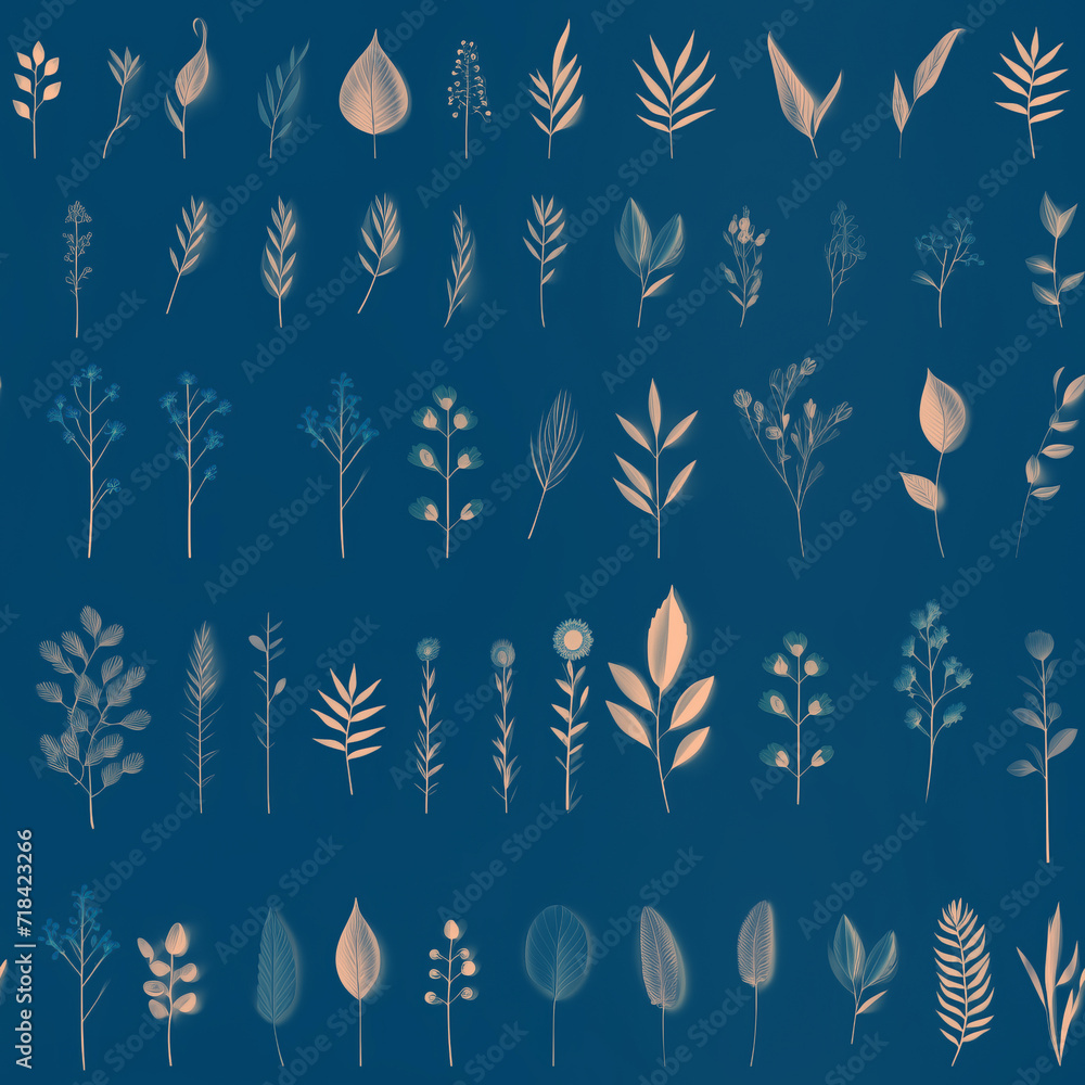 Flowers, leaves and plants pattern on blue color.Pencil, hand drawn botanical seamless pattern