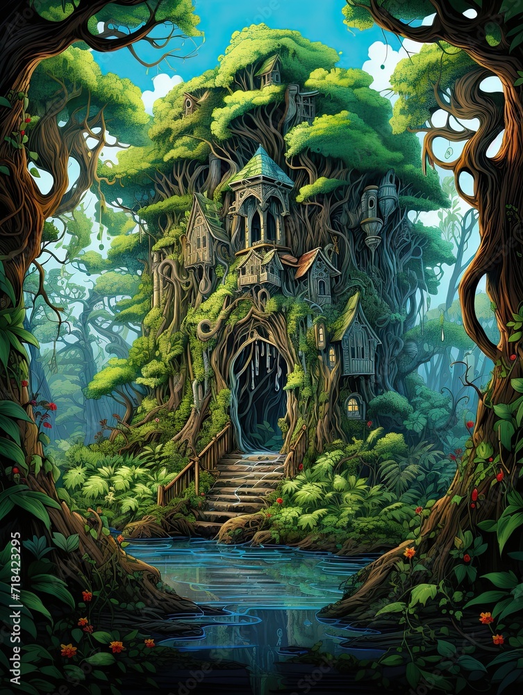 Naklejka premium Enchanted Isle: Delight in Magical Forest Creatures on Secluded Islands