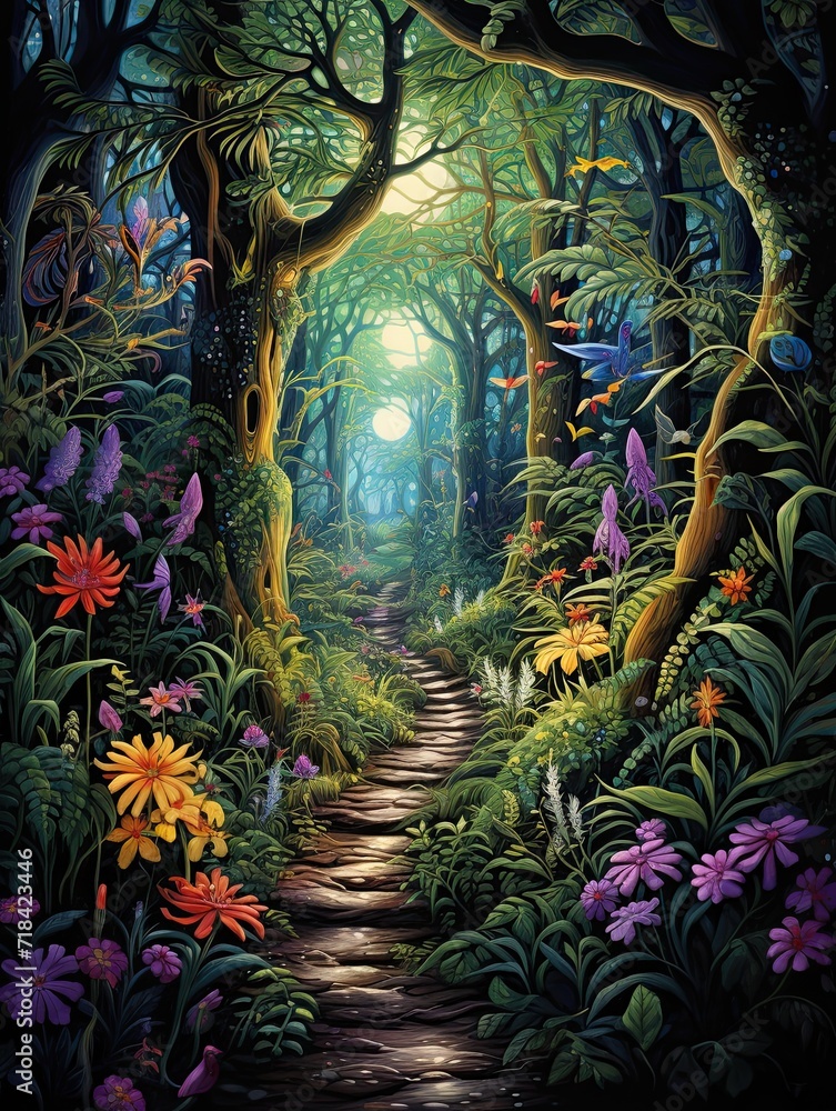 Enchanting Pathways: A Magical Forest Painting with Mystical Beings and Lush Forest Trails