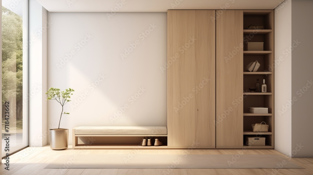 Fototapeta premium A minimalist hallway with hidden storage solutions AI generated