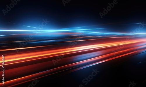 Abstract technology background with blue and red glowing lines and bokeh.