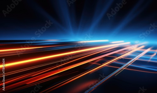 Abstract technology background with blue and red glowing lines and bokeh.