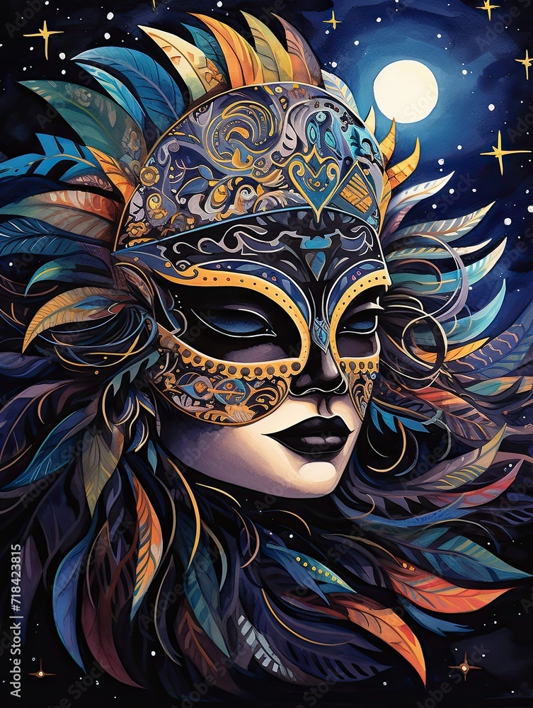 Midnight Carnival Masquerades: Moonlit Sky Artwork, Under the Enchanting Carnival