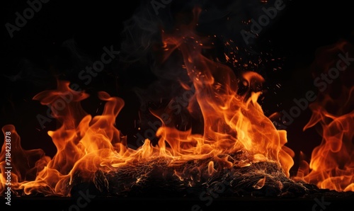 Fire flames isolated on black background. Abstract blaze fire flame texture background.