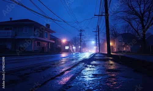 City street at night with fog, lights and silhouette of houses.