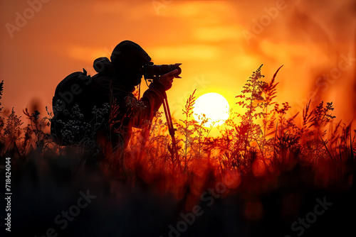 silhouette of a photographer taking pictures at sunrise, generative ai photo