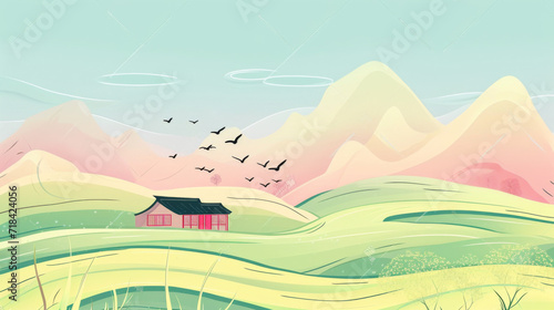 House with birds flying over a mountain, in the style of minimalist background.