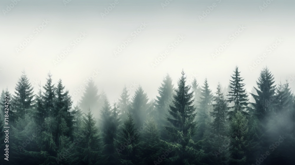 A misty pine forest on a foggy morning capturing the mysterious and minimalist ambiance of woodland in atmospheric conditions  AI generated - obrazy, fototapety, plakaty 
