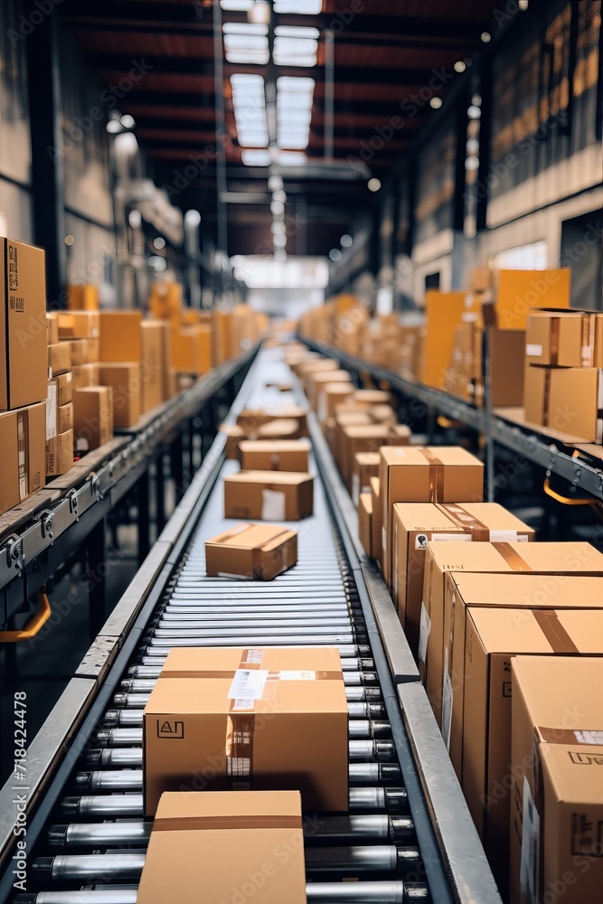 A multitude of varying sized cardboard boxes passing along a conveyor belt in a warehouse AI generated A multitude of varying sized cardboard boxes passing along a conveyor belt in a warehouse AI generated