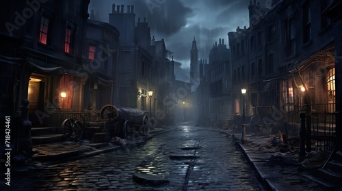 A moody evening in Victorian London lit by gas lights AI generated