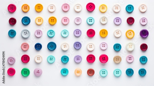A neatly arranged flat lay of colorful buttons on a white canvas AI generated