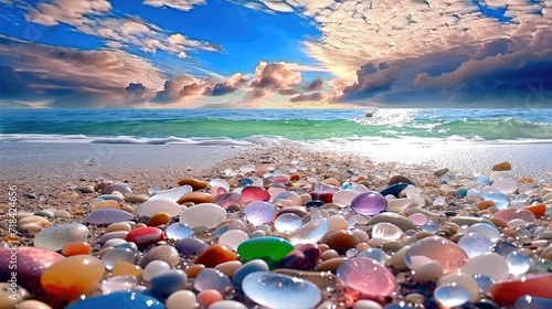 a glass beach with colorful stones, in the style of dreamlike realism, richly colored skies, sky-blue and white, naturecore, mesmerizing colorscapes, surrealist dreamscapes