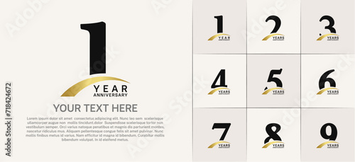 Set of Anniversary Logotype with gold swoosh, black color can be use for special day celebration