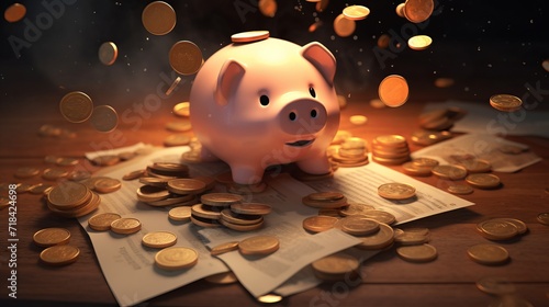 A piggy bank on a page of an investment account book surrounded by falling coins AI generated