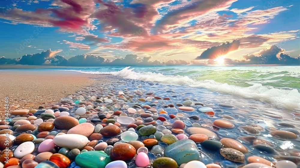 a glass beach with colorful stones, in the style of dreamlike realism, richly colored skies, sky-blue and white, naturecore, mesmerizing colorscapes, surrealist dreamscapes