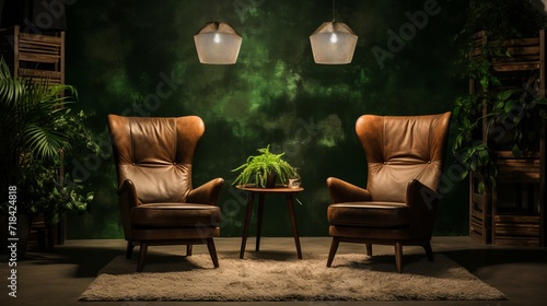A plush stylish interior with two featured chairs under studio lighting AI generated