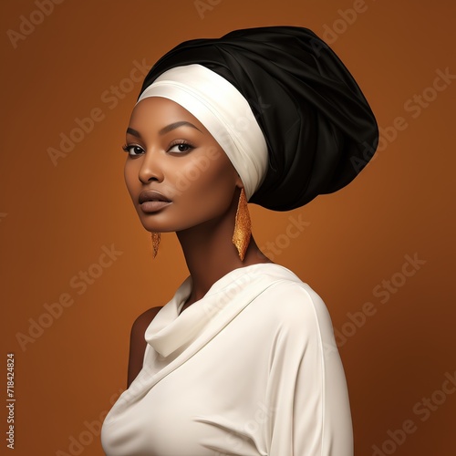 beautiful African American woman with an African-style turban and jewelry, fashion trend, luxury makeup, retouched skin