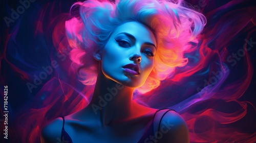 A portrait of a woman lit by neon hues AI generated