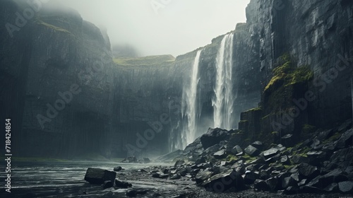 A powerful waterfall cascading down rocky cliffs showcasing the raw beauty of nature in a minimalist and dramatic composition  AI generated