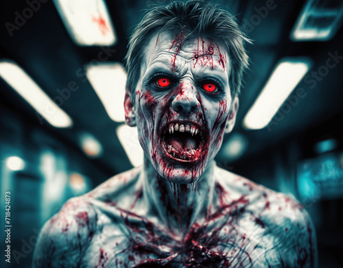 Undead infected zombie man with evil red eyes and horrific broken teeth walking through hospital with blood stains and skin lacerations