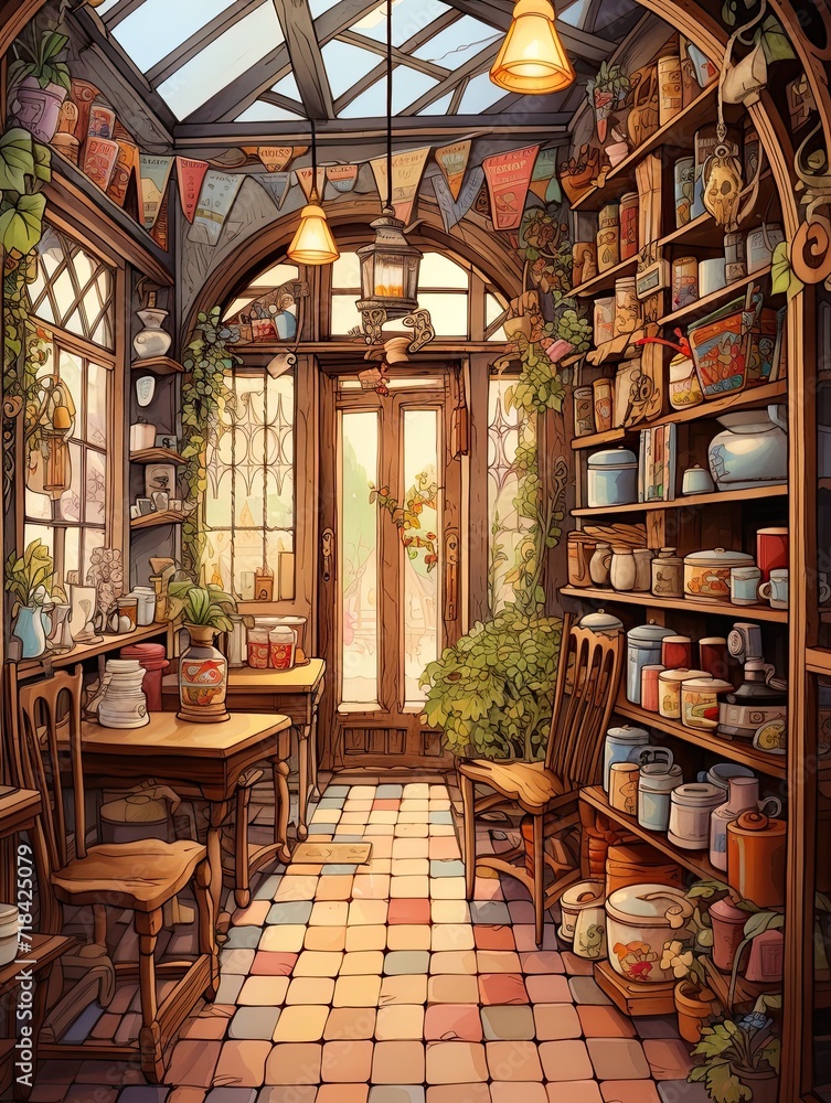 Quaint Teashop Interiors: Panoramic Landscape Poster of a Cozy Teashop Inside