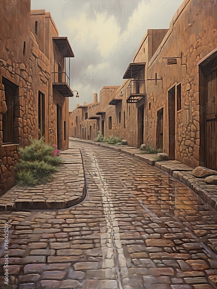 Rare Rain on Old Town Roads: Captivating Desert Landscape Art of Rainy Cobblestone Streets