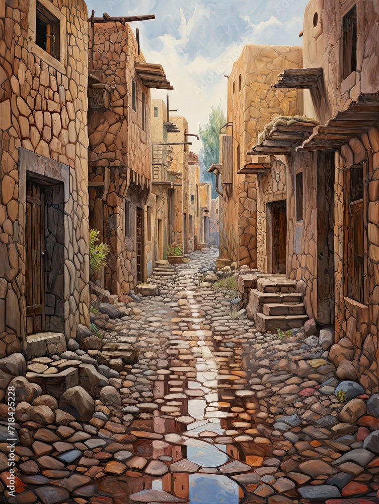 Rare Rain on Old Town Roads: Captivating Images of Rainy Cobblestone Streets in Desert Landscapes