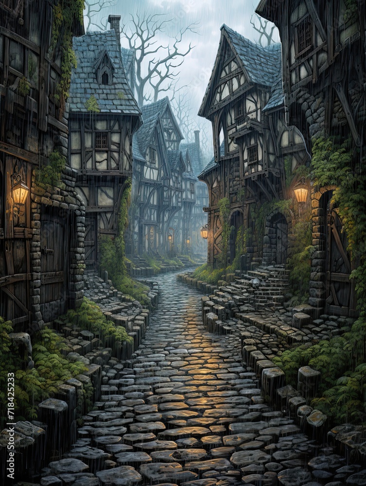 Obraz premium Rainy Cobblestone Streets: Drenched Countryside Art of Village Roads