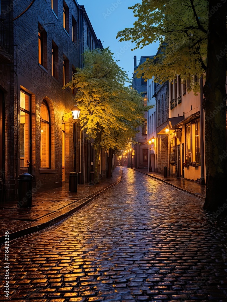 Golden Hour Art: Rainy Cobblestone Streets in the Glow of Golden Hues
