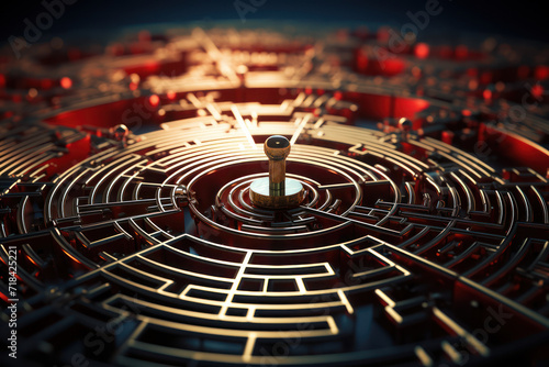 A vector graphic illustrating a maze with a key at its center, representing the intricate journey and strategic decision-making involved in financial planning. Generative Ai.