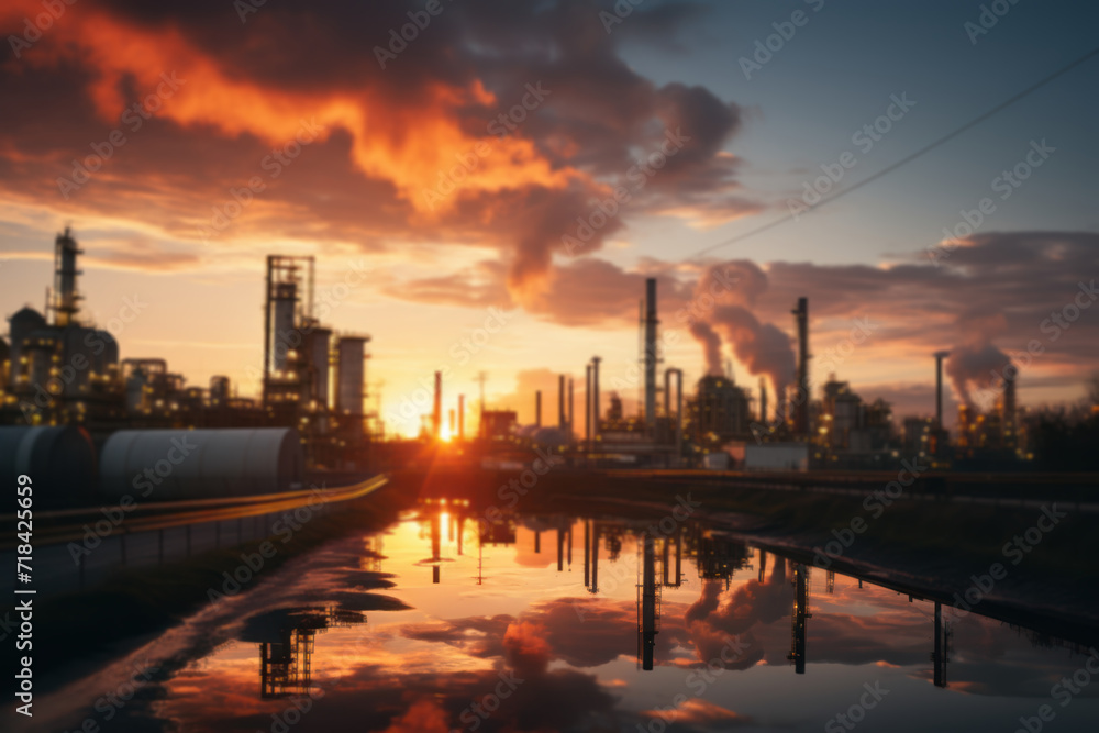 A vibrant sunrise over an oil refinery, capturing the juxtaposition of natural beauty and industrial processes in the production of fuel. Generative Ai.