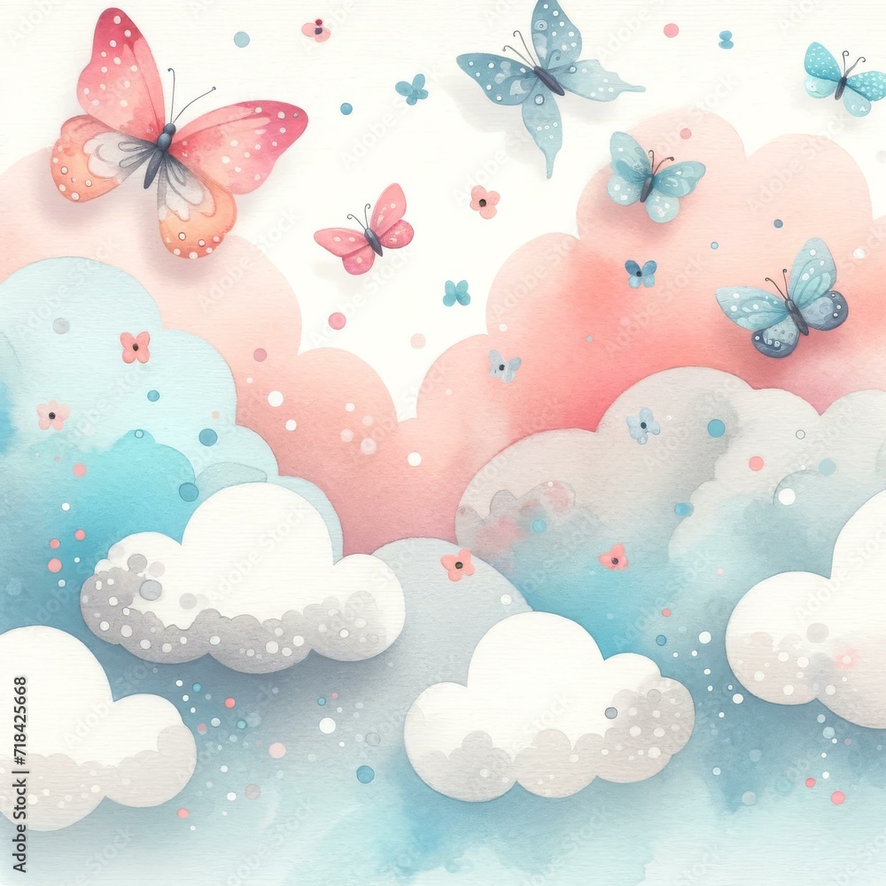 Whimsical Watercolor Sky with Butterflies, Dreamy Artwork