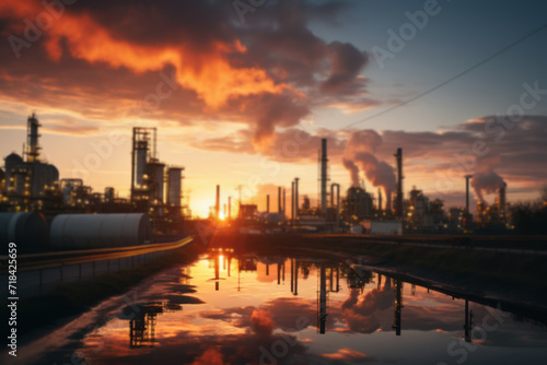 A vibrant sunrise over an oil refinery, capturing the juxtaposition of natural beauty and industrial processes in the production of fuel. Generative Ai.