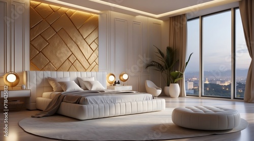 Large Bed, Gold and White Decor in Luxurious Bedroom.