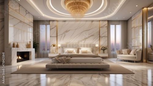 Luxurious Bedroom with Fireplace and Marble Floors.