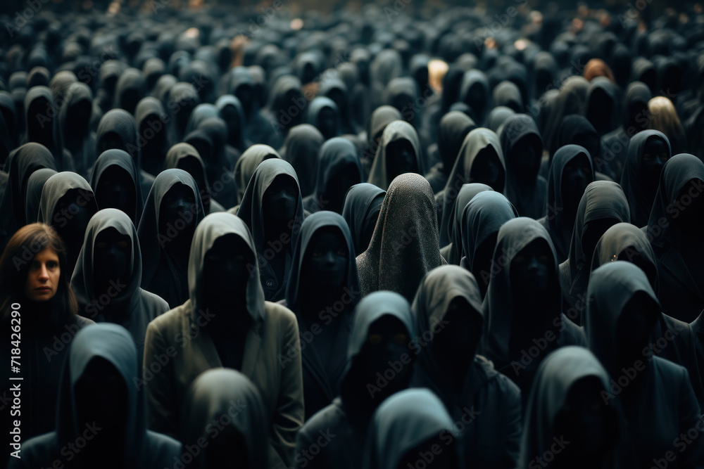 Fototapeta premium Digital pixels come together to depict a faceless crowd, emphasizing the role of technology and interconnectedness in shaping contemporary social dynamics. Generative Ai.