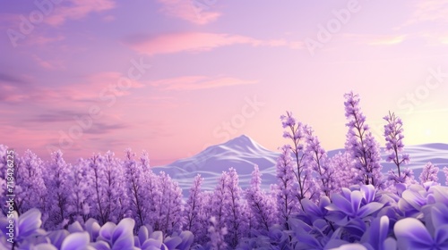  a field of purple flowers with a mountain in the background with a pink and blue sky in the foreground.