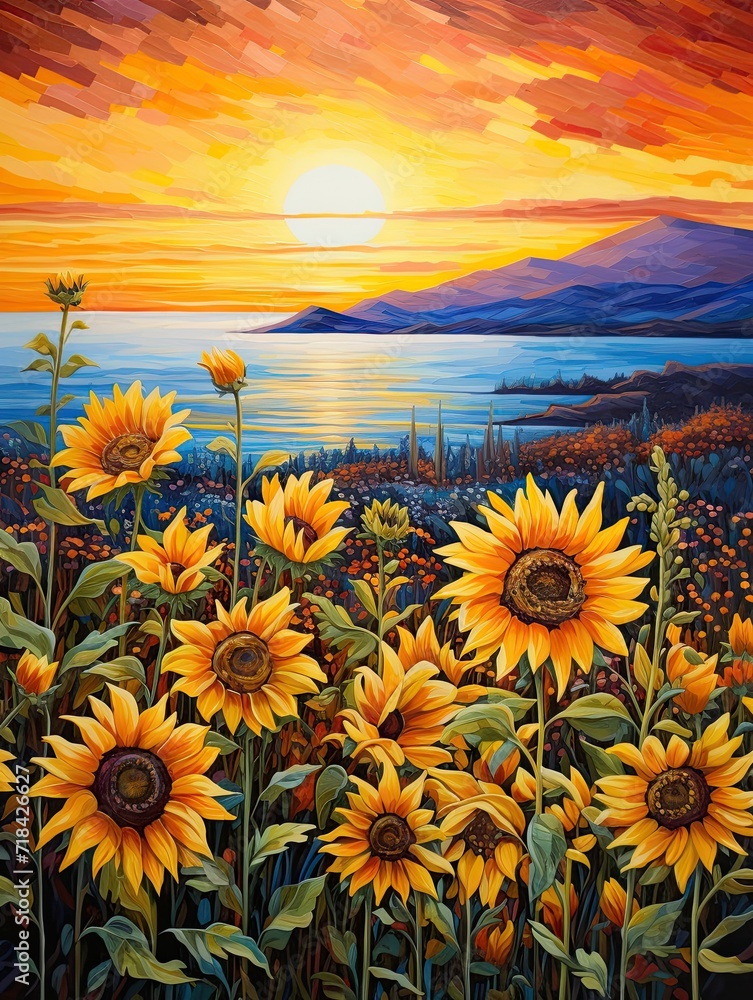 Obraz premium Sunflower Delights: Dawn Seascape with Blooming Fields