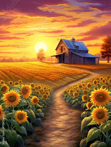 Serene Sunrise in Sunflower Fields: Captivating Countryside Art