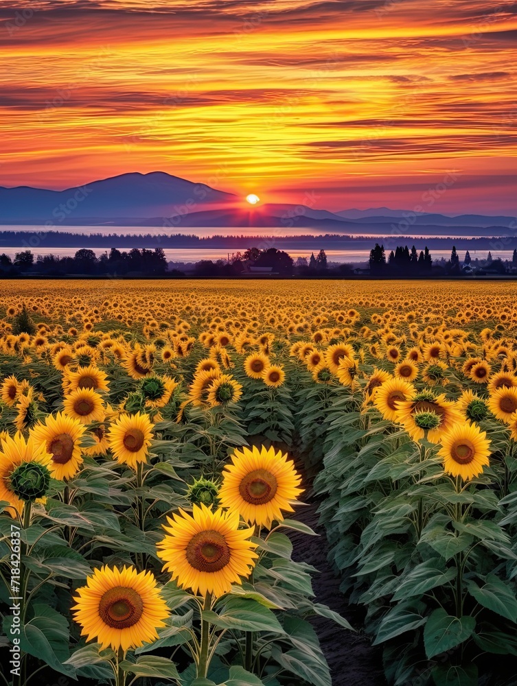 Obraz premium Scenic Sunflower Fields at Dawn: Panoramic Vista Wall Art - Captivating Views of Vibrant Sunflowers