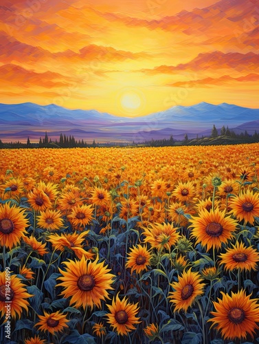 Dawn's Sunset Serenade: Captivating Evening Glow in Sunflower Fields